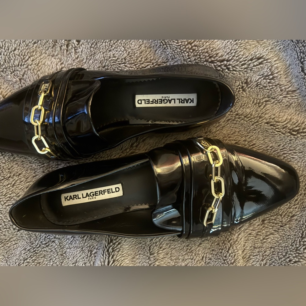 Karl Lagerfeld Black Patent Loafers with Gold Chain Accent